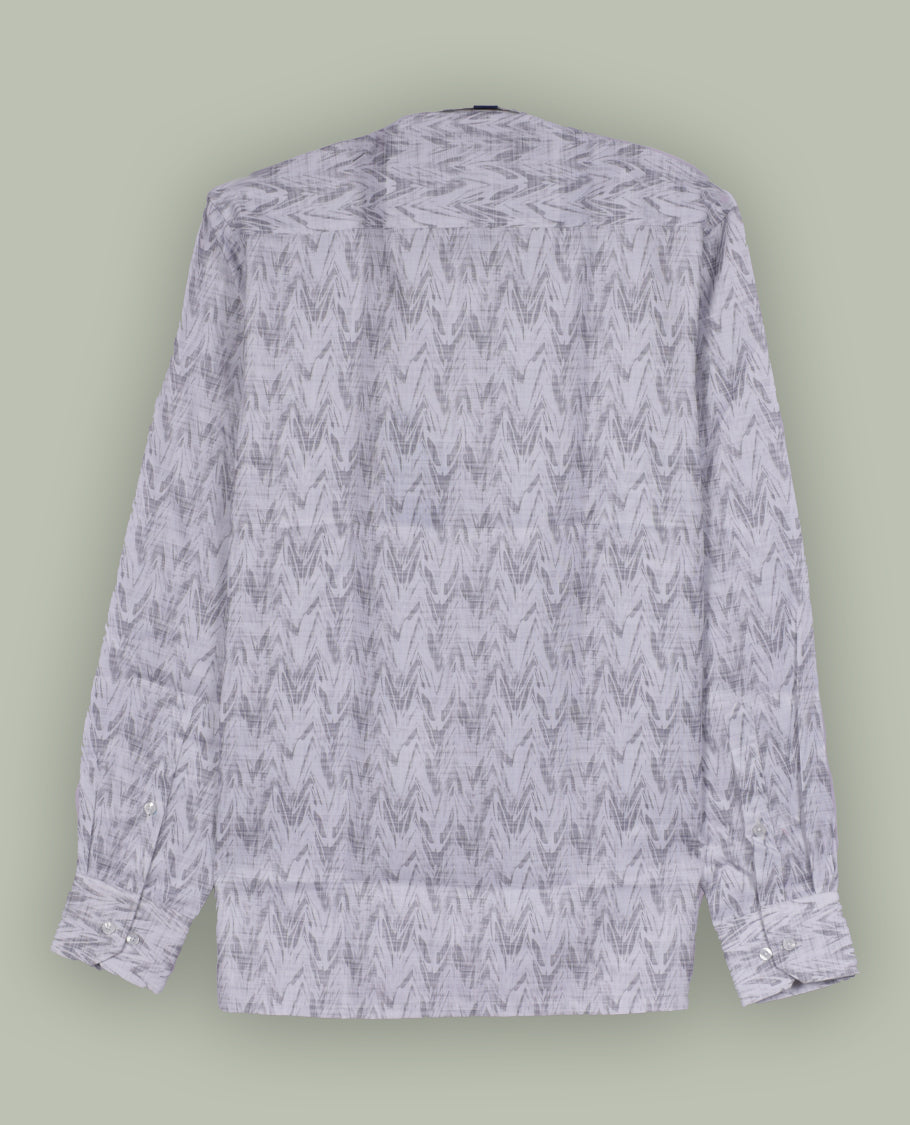 Off white colour shirt shirt featuring a grey printed  subtle zigzag pattern, classic spread collar, and full sleeves, Crafted from soft, breathable fabric for all day comfort.