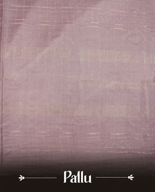 Light lavender colour semi jute saree highlighting gold zari striped body, without border and paired with matching blouse.