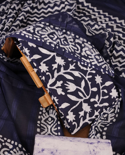 Navy Blue colour churidar material featuring white floral printed body, paired with a matching chevron printed dupatta.