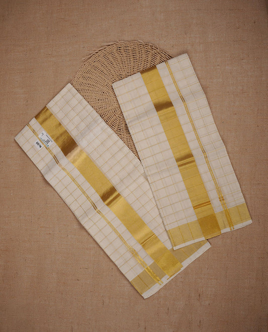 Off white colour pure cotton set mundu highlights gold zari check pattern featuring gold zari traditional border (2.00/2.80 MTS).