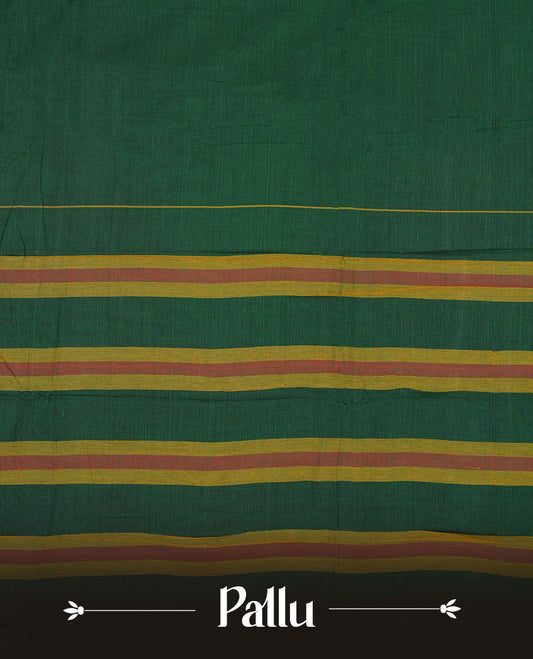 Dark green colour Narayanapattu cotton saree featuring a self coloured body, contrast deep red colour with gold zari border and pallu, pairing a matching blouse piece.