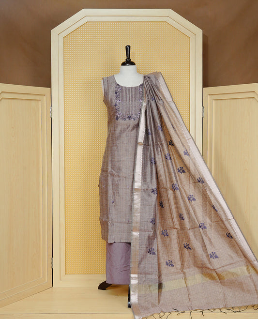Dark Onion Pink colour Tissue Churidar Set featuring delicate floral embroidery and subtle bead detailing on the yoke, paired with matching solid pants and dupatta.