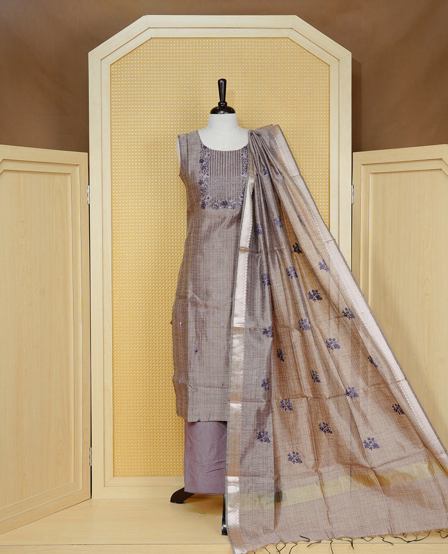 Dark Onion Pink colour Tissue Churidar Set featuring delicate floral embroidery and subtle bead detailing on the yoke, paired with matching solid pants and dupatta.