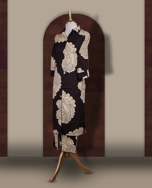 Dark coffee brown colour cotton coord set featuring charming bold cream colour floral prints all over, Designed with a classic shirt collar and 3/4 sleeves, paired with matching straight pants for a trendy, relaxed, and comfy everyday look.