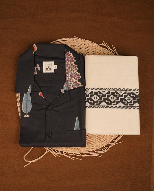 Black colour shirt featuring Floral Pattern printed body, paired with cream colour double dhoti featuring printed border.