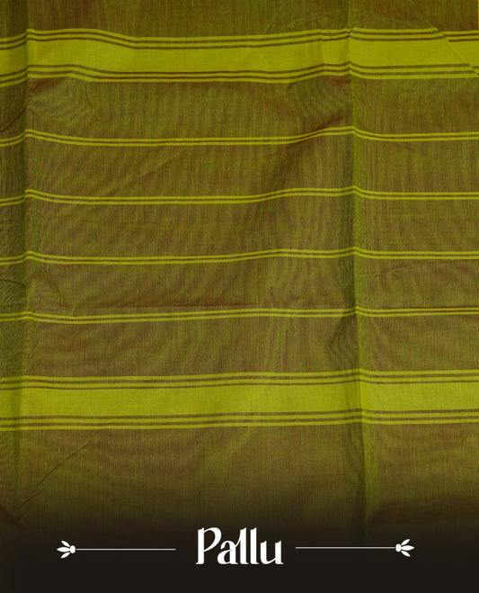 Lemon green colour chettinad cotton saree featuring elegant plain body, Contrast Magenta colour with Gold zari border, comes with matching blouse piece.