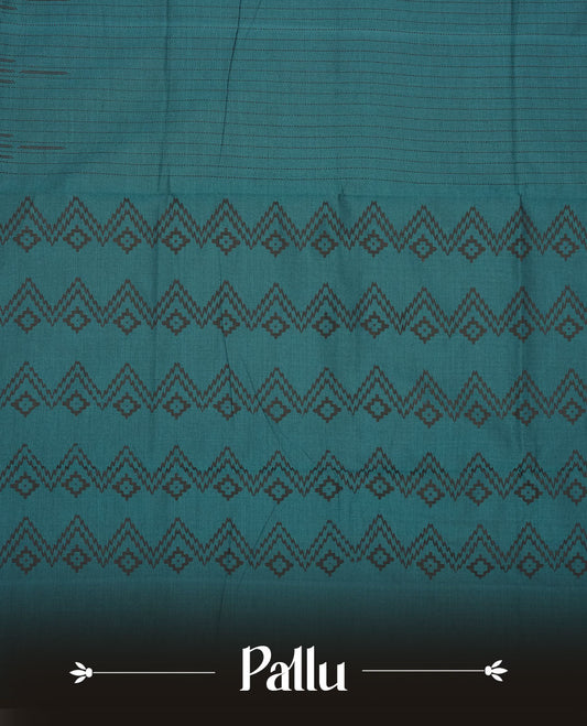 Teal Green colour poly cotton saree with black vertical dotted line pattern on the body, paired with a matching pallu featuring black zigzag geometric border, and a coordinated all‑over black stylised fleur‑de‑lis printed blouse piece.