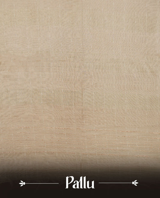 Cream colour semi jute saree highlighting gold zari striped body, without border and paired with matching blouse.