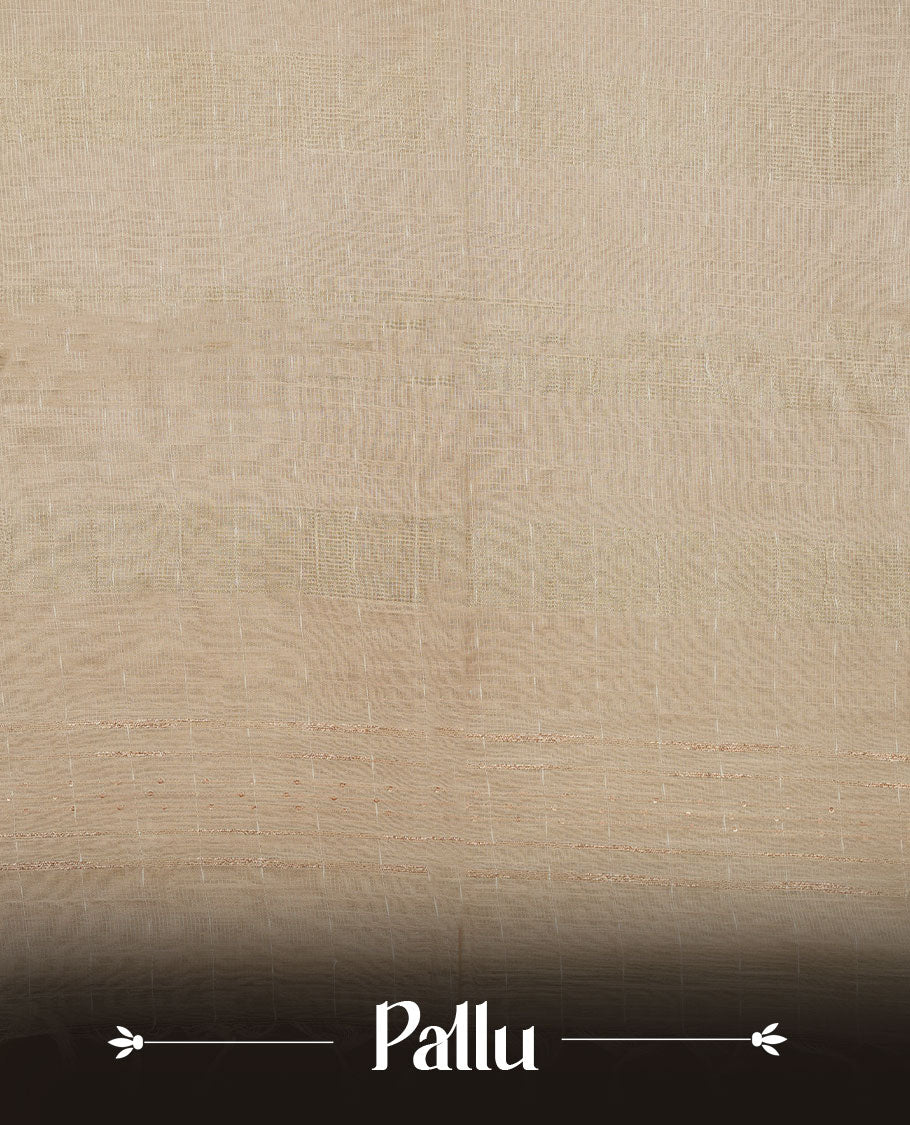 Cream colour semi jute saree highlighting gold zari striped body, without border and paired with matching blouse.