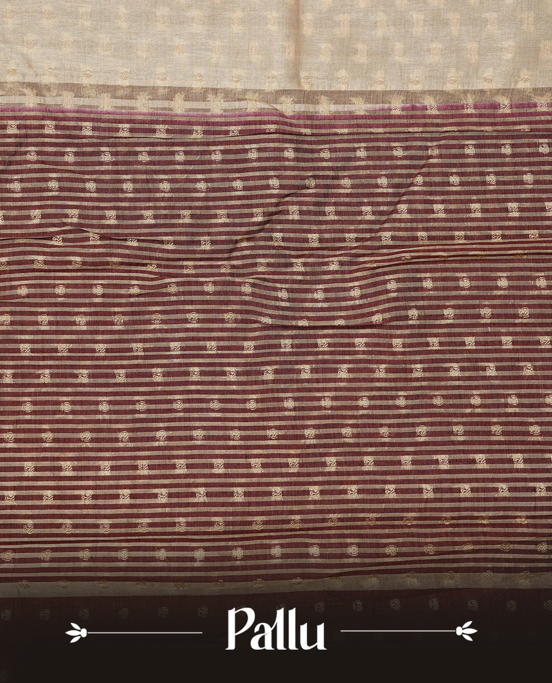 Cream colour Semi Tussar silk saree featuring an Gold zari motifs on body, accentuated by a contrast Chocolate brown border adorned with intricate gold zari work, paired with a matching blouse piece.