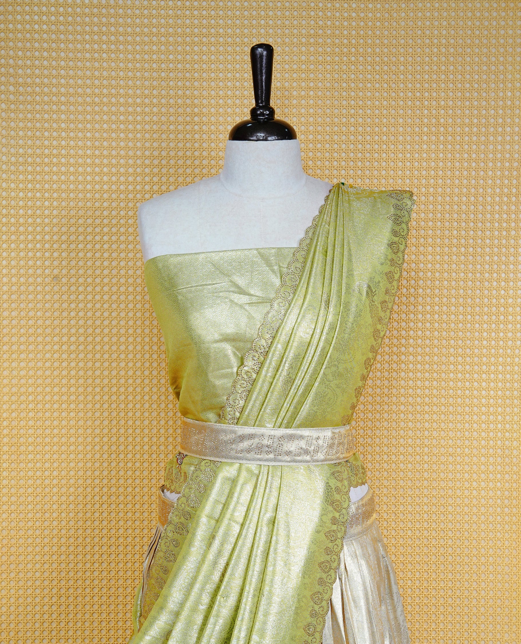 Light gold & Light Green Semi Stitched Dhavani Set Light Gold Skirt With Peacock Pattern With Stone Worked Border, Paired with Unstitched Blouse, Elegant Dupatta For Prefect look.