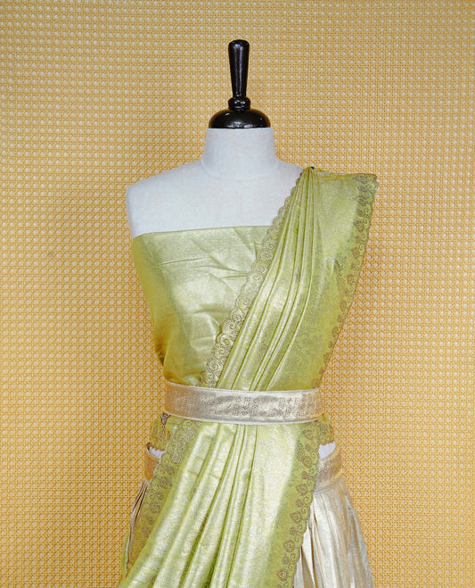 Light gold & Light Green Semi Stitched Dhavani Set Light Gold Skirt With Peacock Pattern With Stone Worked Border, Paired with Unstitched Blouse, Elegant Dupatta For Prefect look.