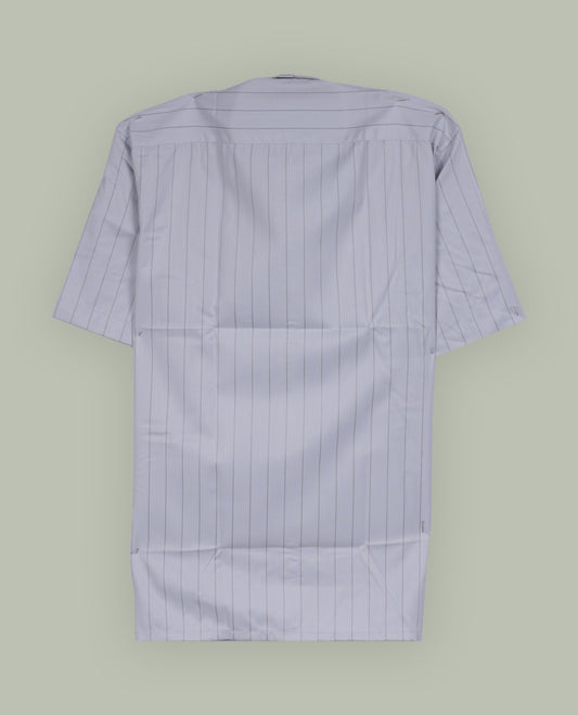 Light grey colour short sleeve shirt featuring an intricate vertical stripes, Made from smooth, lightweight fabric with a subtle sheen. Includes a classic collar and button down front.