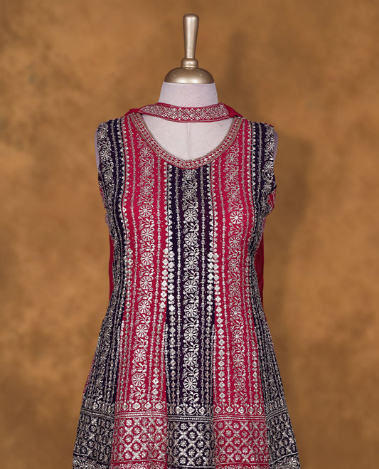 Reddish pink & deep purple colour sharara set featuring gold stone pattern neckline, sleeves, and stone & thread pattern across on body , Paired with a matching dupatta