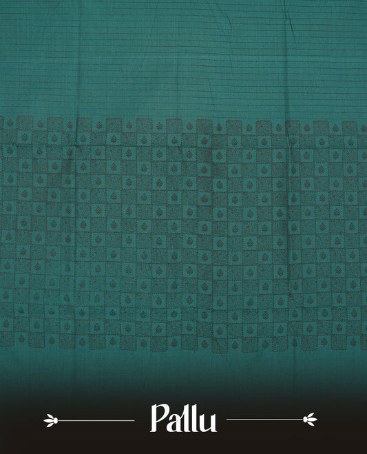 Dark Teal Green colour poly cotton saree with black vertical dotted line pattern on the body, paired with a matching pallu featuring black zigzag geometric border, and a coordinated all‑over black stylised fleur‑de‑lis printed blouse piece.