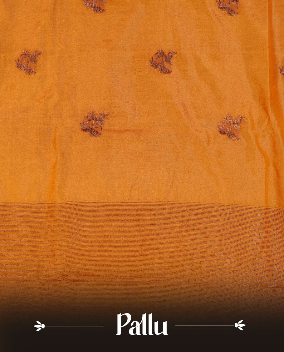 Mustard colour semi banaras tussar silk saree highlighting gold zari bird motifs on body, complemented by self colour with antique zari border, paired with matching blouse piece.