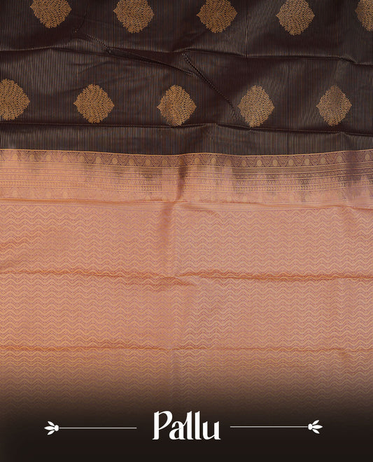 Brown colour semi silk saree highlighting gold zari check strippes and motifs across body, featuring contrast lavender colour border with gold zari pattern, comes with matching blouse .