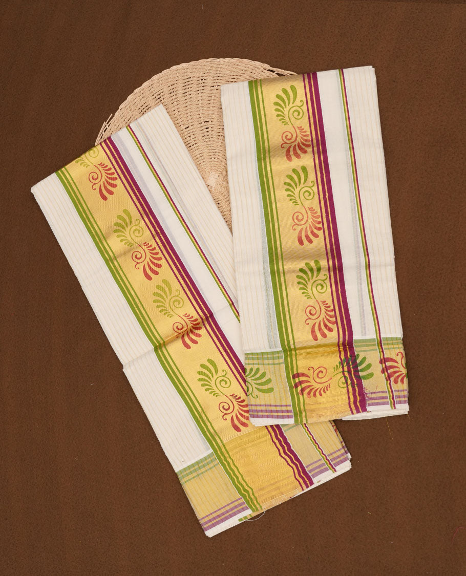 Off white colour cotton set mundu highlights gold and maroon border along with kode print across border (2.00/2.80 MTS)