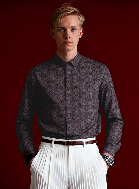 Mauve colour patterned long sleeve shirt featuring an intricate geometric print, Made from smooth, lightweight fabric with a subtle sheen. Includes a classic collar and button down front.