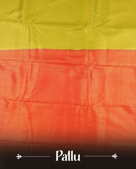 Lemon colour semi silk brocade saree featuring intricate Gold Floral Square kodi patterns across the body, complemented by a contrast red colour woven border and pallu, paired with a matching blouse.