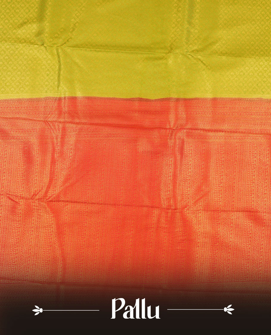 Lemon colour semi silk brocade saree featuring intricate Gold Floral Square kodi patterns across the body, complemented by a contrast red colour woven border and pallu, paired with a matching blouse.