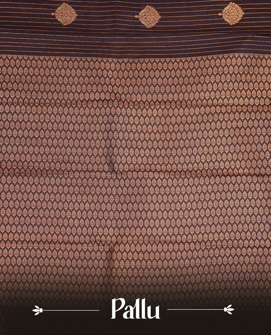 Dark chocolate colour soft silk saree featuring Gold zari stripes & motifs on body, complemented by self colour with traditional border, paired with matching blouse piece.