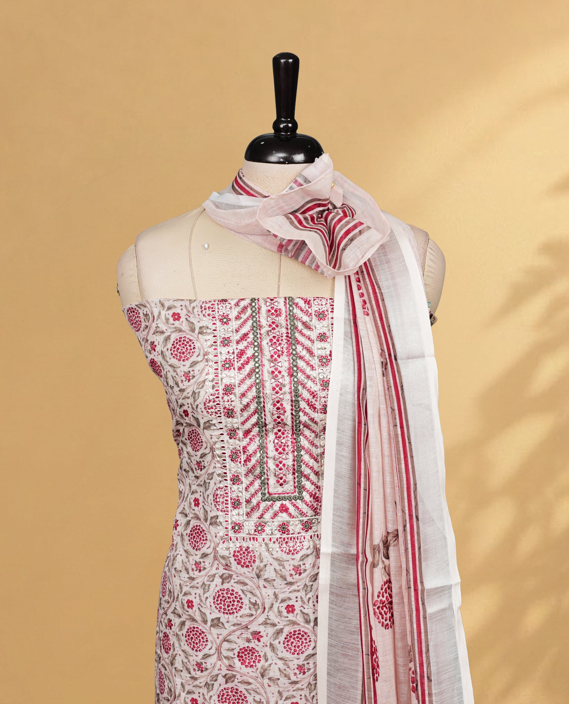 Cream colour Salwar material Featuring Maroon colour Thread &  Floral Printed body, paired with matching bottom piece & Elegant Dupatta.