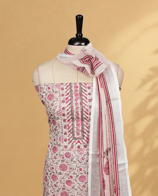 Cream colour Salwar material Featuring Maroon colour Thread &  Floral Printed body, paired with matching bottom piece & Elegant Dupatta.