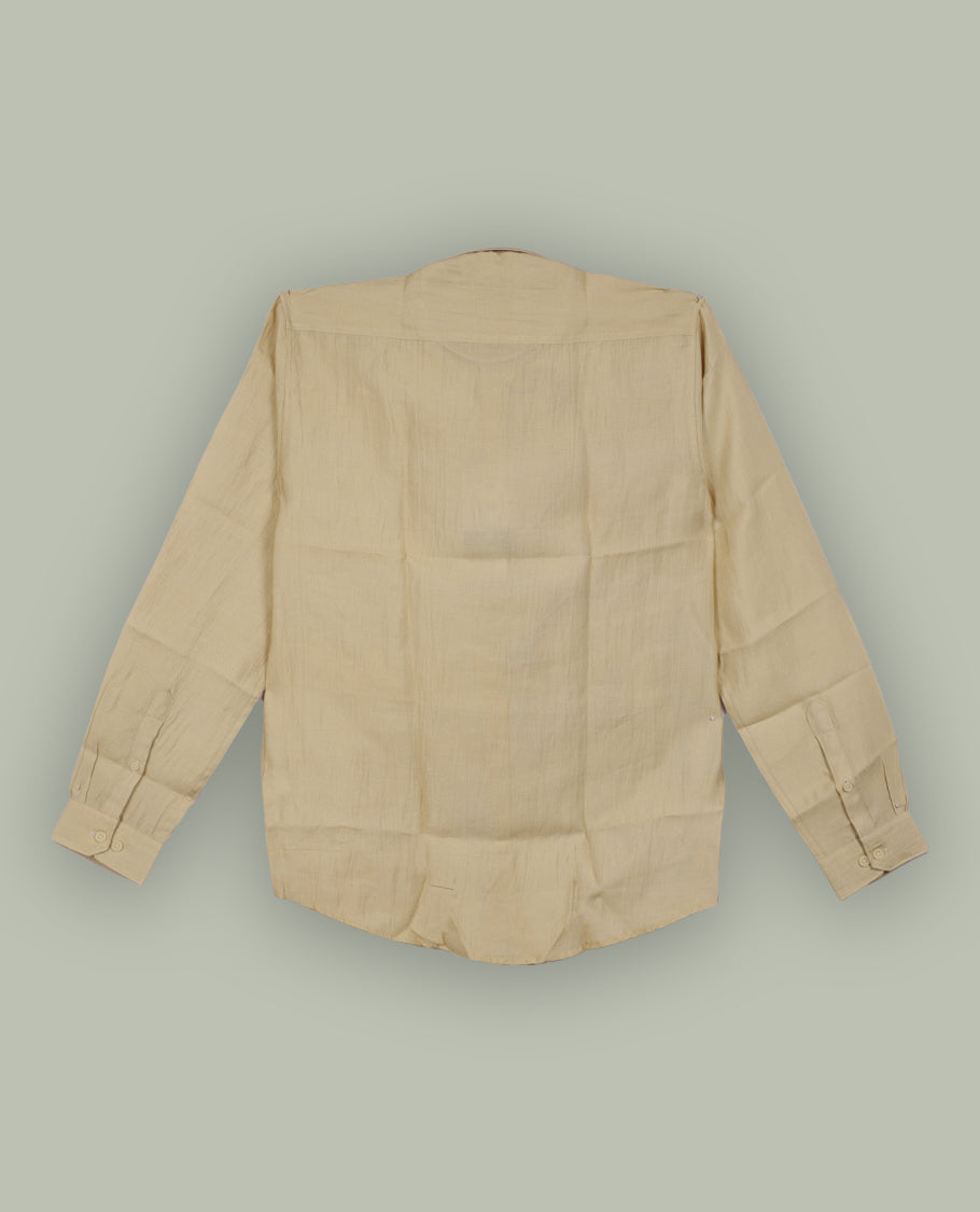 Beige colour shirt adorned with bold floral artwork in earthy tones, Crafted with a classic collar and full sleeves, it merges artistic expression with everyday elegance.