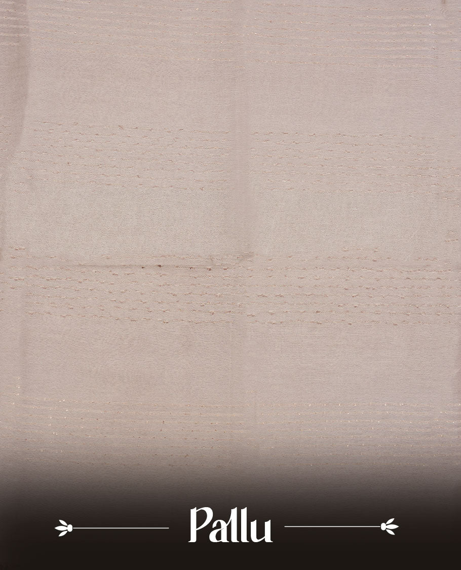 Cream colour semi jute saree highlighting white thread motifs on body, without border and paired with matching blouse.