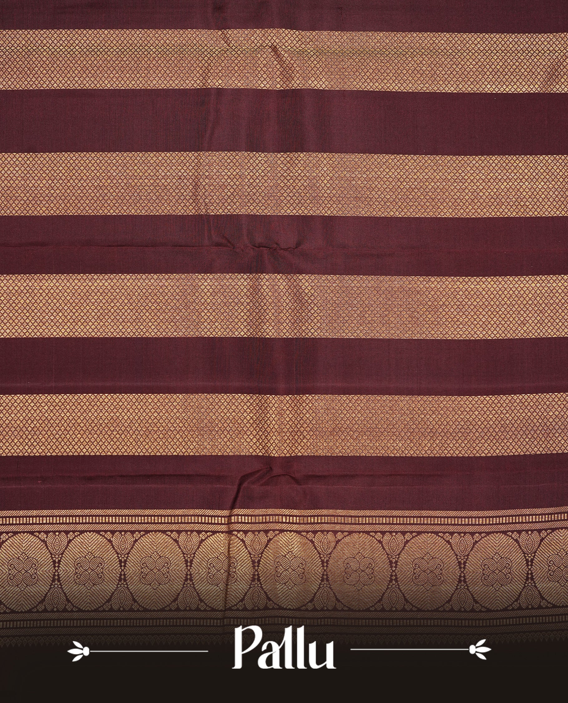Chocolate colour Kancheepuram silk saree featuring Gold & silver Floral Pattern onbody, Highlighting Gold Zari border with Orange piping, paired with matching blouse piece.