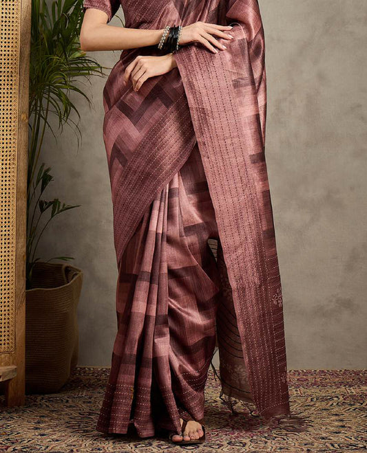 Brick Brown toned semi Tussar saree featuring contemporary fancy prints across the body, enhanced with a subtle Katha style stitched border, paired with a matching blouse for a stylish and elegant ethnic look.