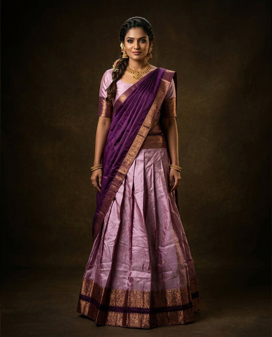 Pink colour semi stitched Half saree featuring contrast Deep purple colour with gold zari traditional border skirt, paired with matching zari border dupatta, unstitched blouse piece