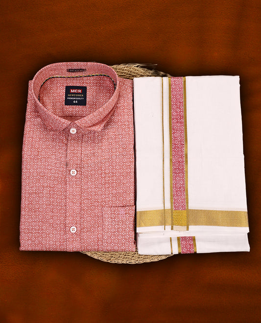 Dusty Rose colour MCR full sleeve shirt featuring a subtle dotted print, paired with a classic white dhoti highlighted with a golden zari kara and a matching dusty rose printed border.