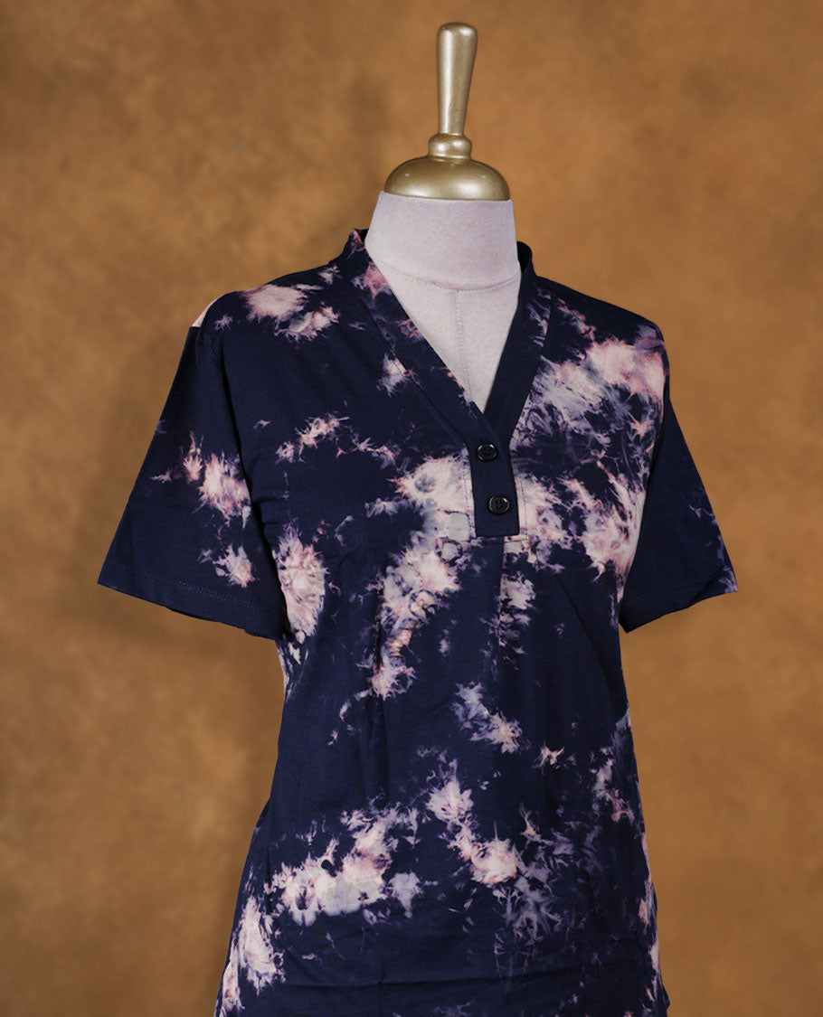 Dark blue colour coord set with styled with a V with botton neckline & sleeve, dye pattern on body, knee length design, with matching bottom .