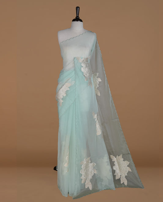 Light mint colour semi organza saree featuring white floral & gold thread pattern, highlighting scalp design border, paired with matching blouse piece.