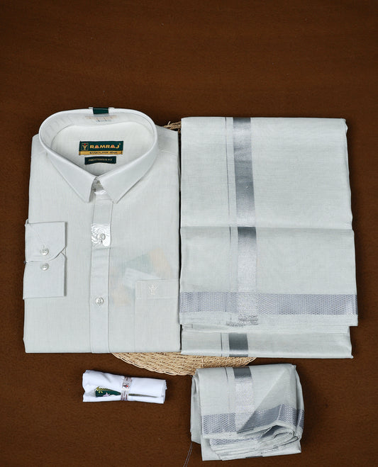 Silver colour RAMRAJ Tissue Shirt paired with a matching dhoti, finishing with a Silver  kara