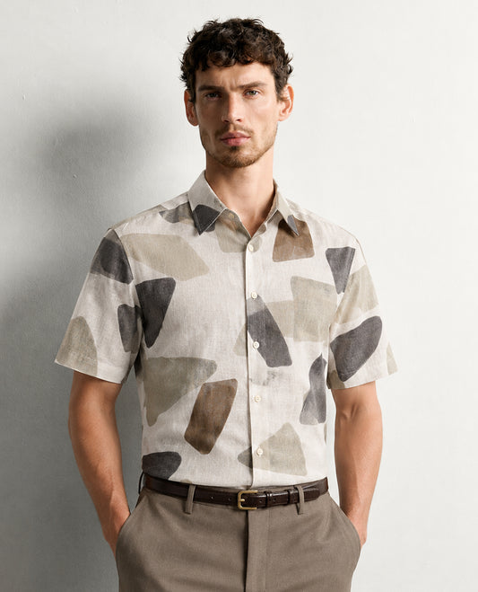Cream colour shirt Multi colour geometric pattern body, Half sleeve.