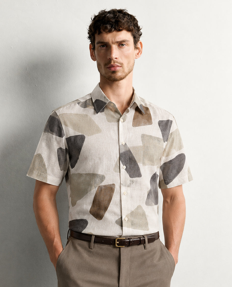 Cream colour shirt Multi colour geometric pattern body, Half sleeve.