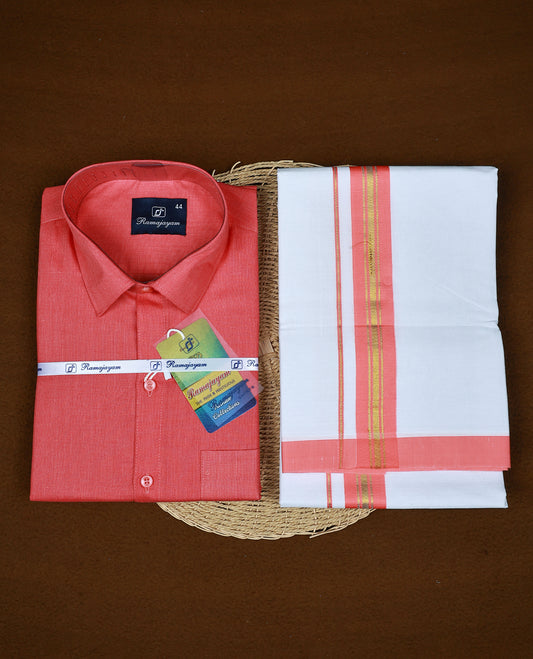 Coral pink colour RAMAJAYAM shirt paired with a matching dhoti, finishing with Coral pink & Gold kara