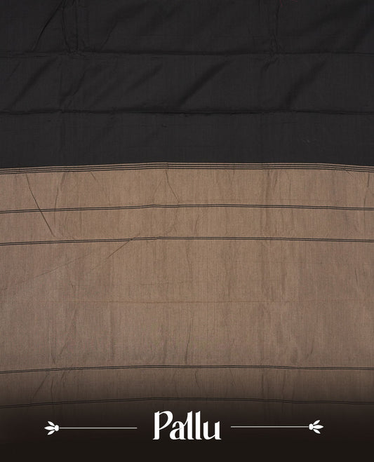 Black colour Narayanapattu cotton saree featuring a self coloured body, contrast  cream colour zari border and pallu, pairing a matching blouse piece.