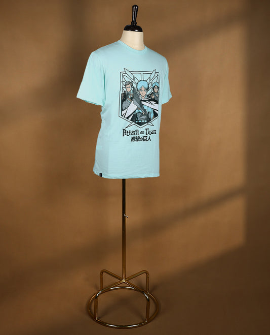 Aqua Blue colour men's T shirt featuring bold anime character print with Japanese text, made from soft fabric with half sleeves and a crew neck for a stylish and comfortable fit