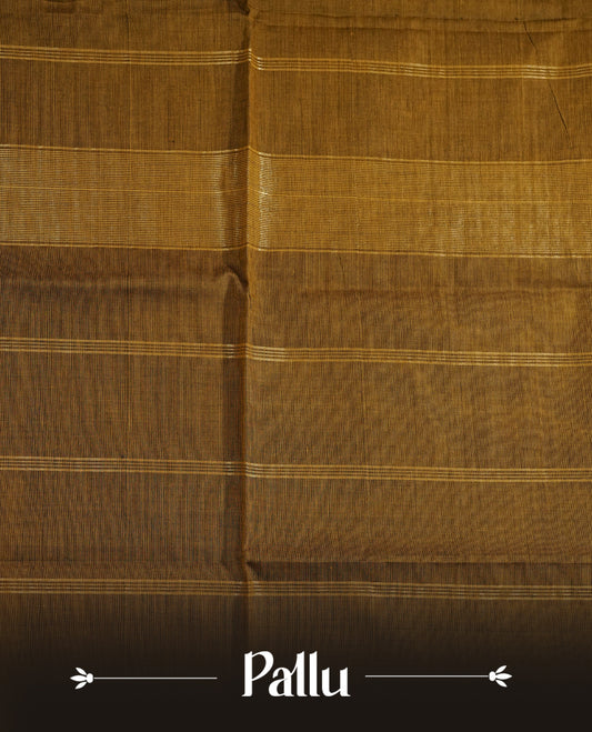 Olive colour chettinad cotton saree featuring gold zari strips body, gold zari Strips border, comes with matching blouse piece.