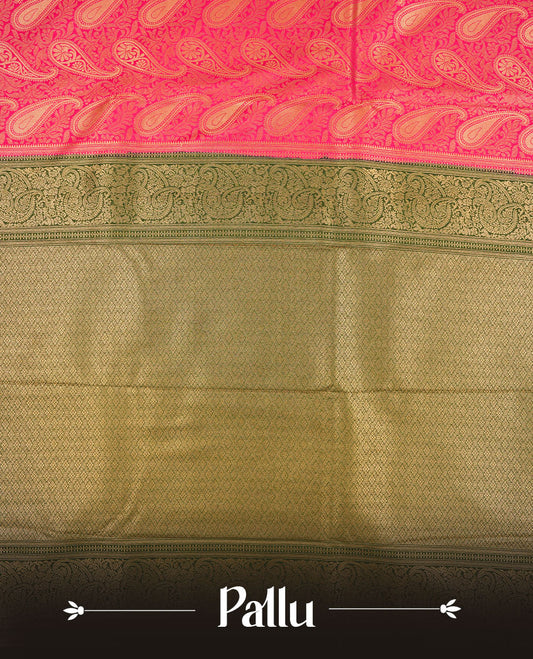 Magenta colour semi silk brocade saree featuring intricate Gold Floral kodi & leaf patterns across the body, complemented by a contrast Green colour woven border and pallu, paired with a matching blouse.
