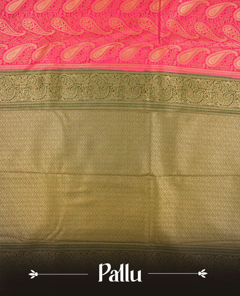 Magenta colour semi silk brocade saree featuring intricate Gold Floral kodi & leaf patterns across the body, complemented by a contrast Green colour woven border and pallu, paired with a matching blouse.