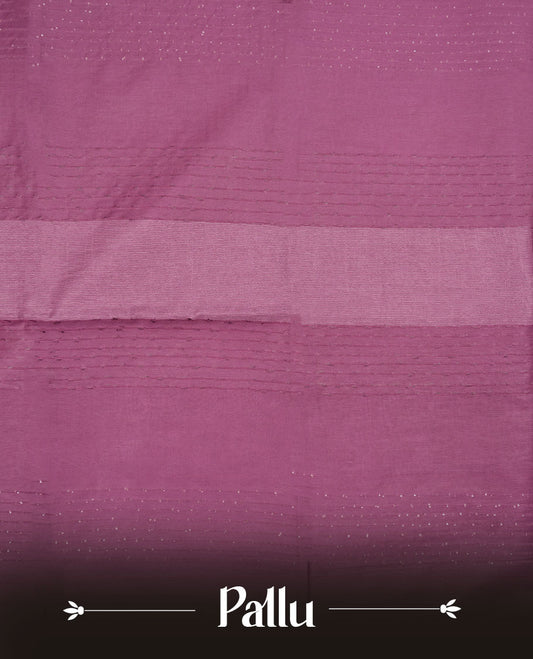Dark Magenta purple colour semi jute saree highlighting white thread motifs on body, without border and paired with matching blouse.