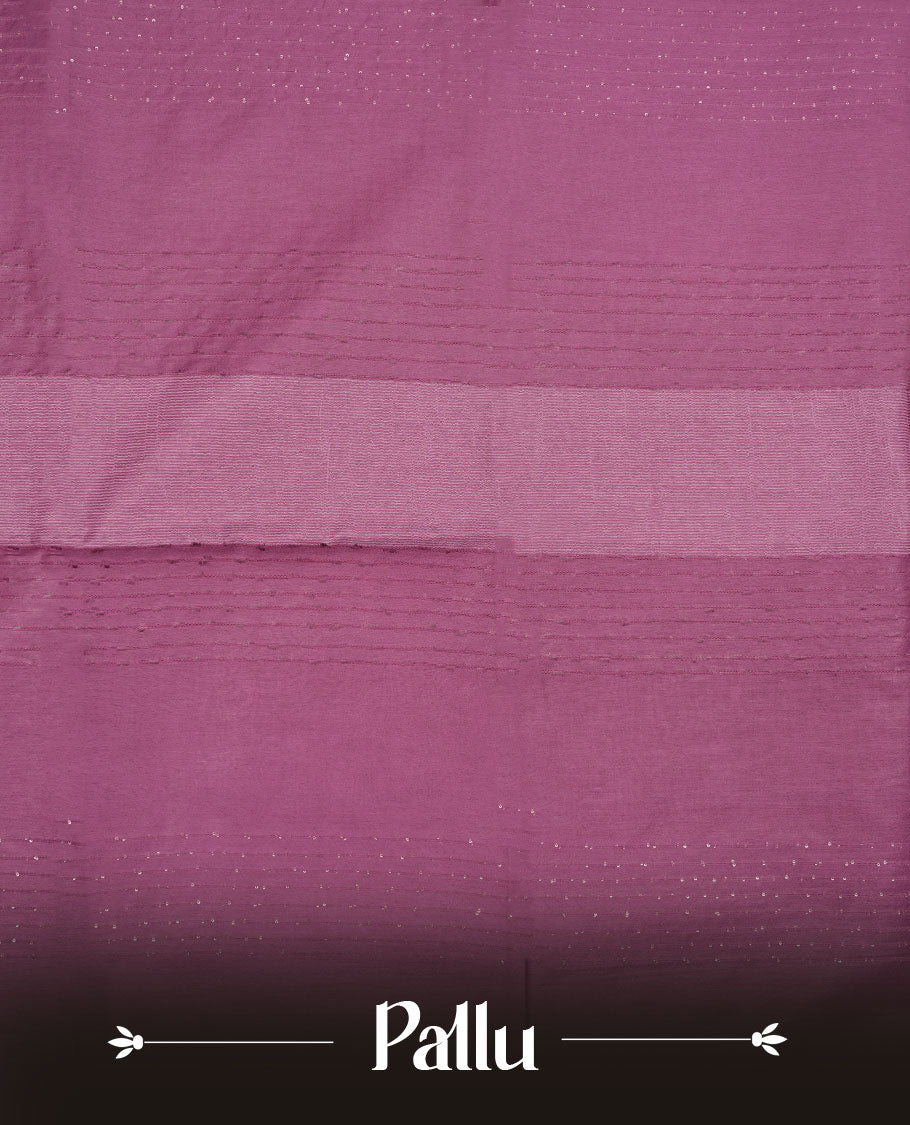 Dark Magenta purple colour semi jute saree highlighting white thread motifs on body, without border and paired with matching blouse.