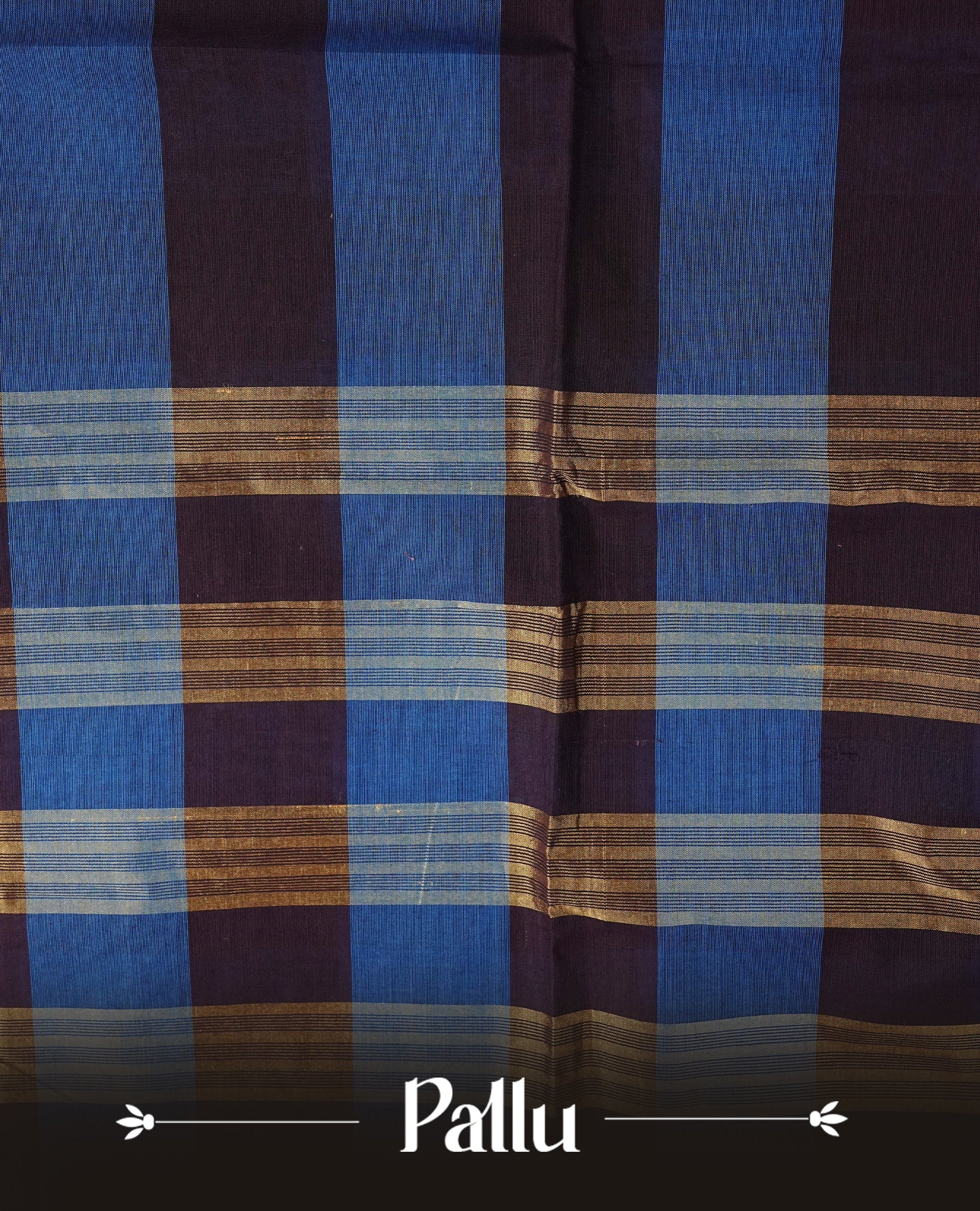 Deep purple & Blue colour chettinad cotton saree featuring check pattern on body, complemented by Self Colour with gold zari border, comes with matching blouse piece.