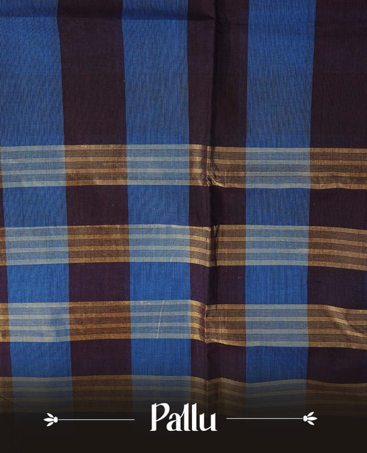 Deep purple & Blue colour chettinad cotton saree featuring check pattern on body, complemented by Self Colour with gold zari border, comes with matching blouse piece.