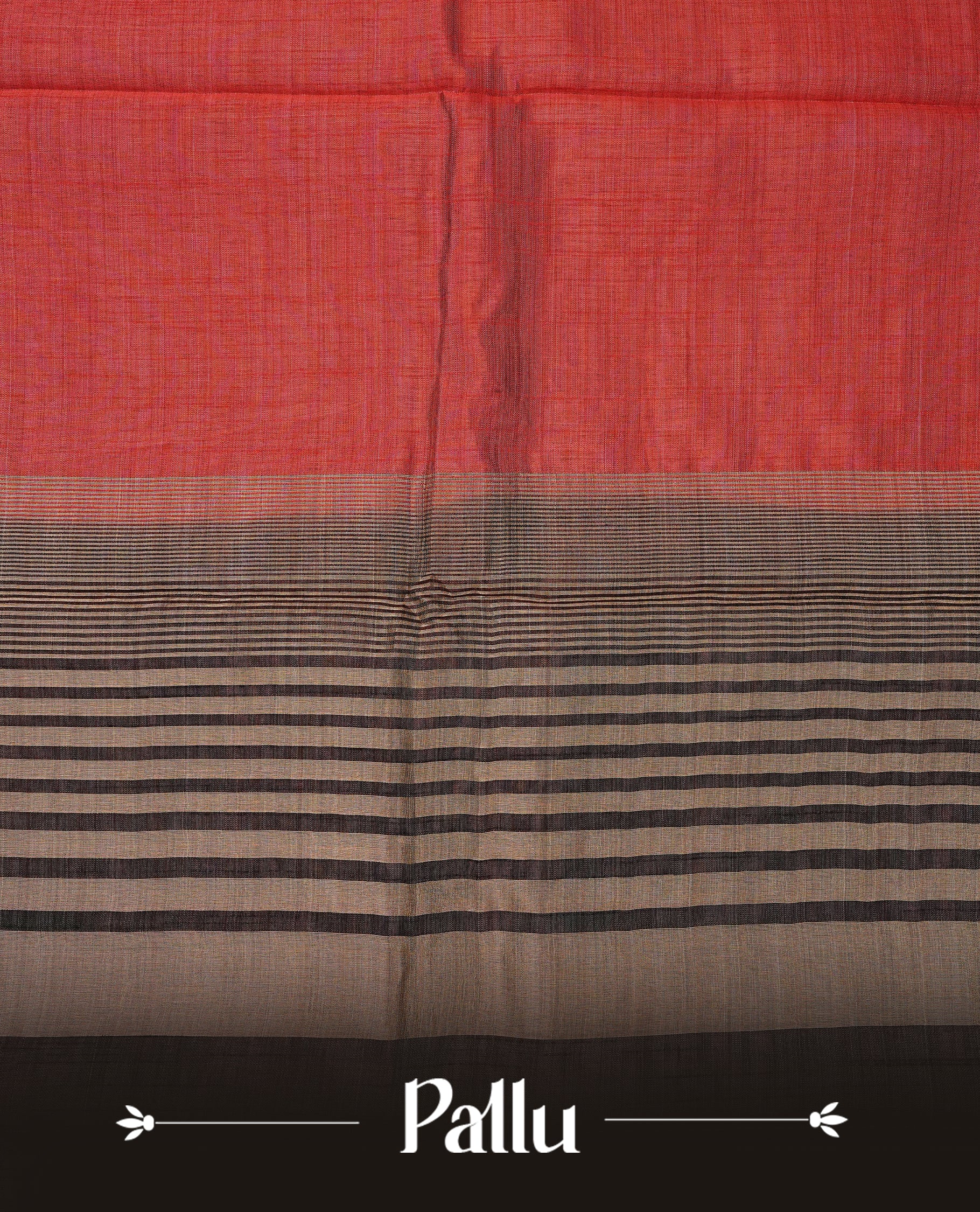 Red Tussar saree featuring Gold zari buttas on body, complemented by contrast Black & olive Colour with Gold zari border, comes with matching blouse piece.